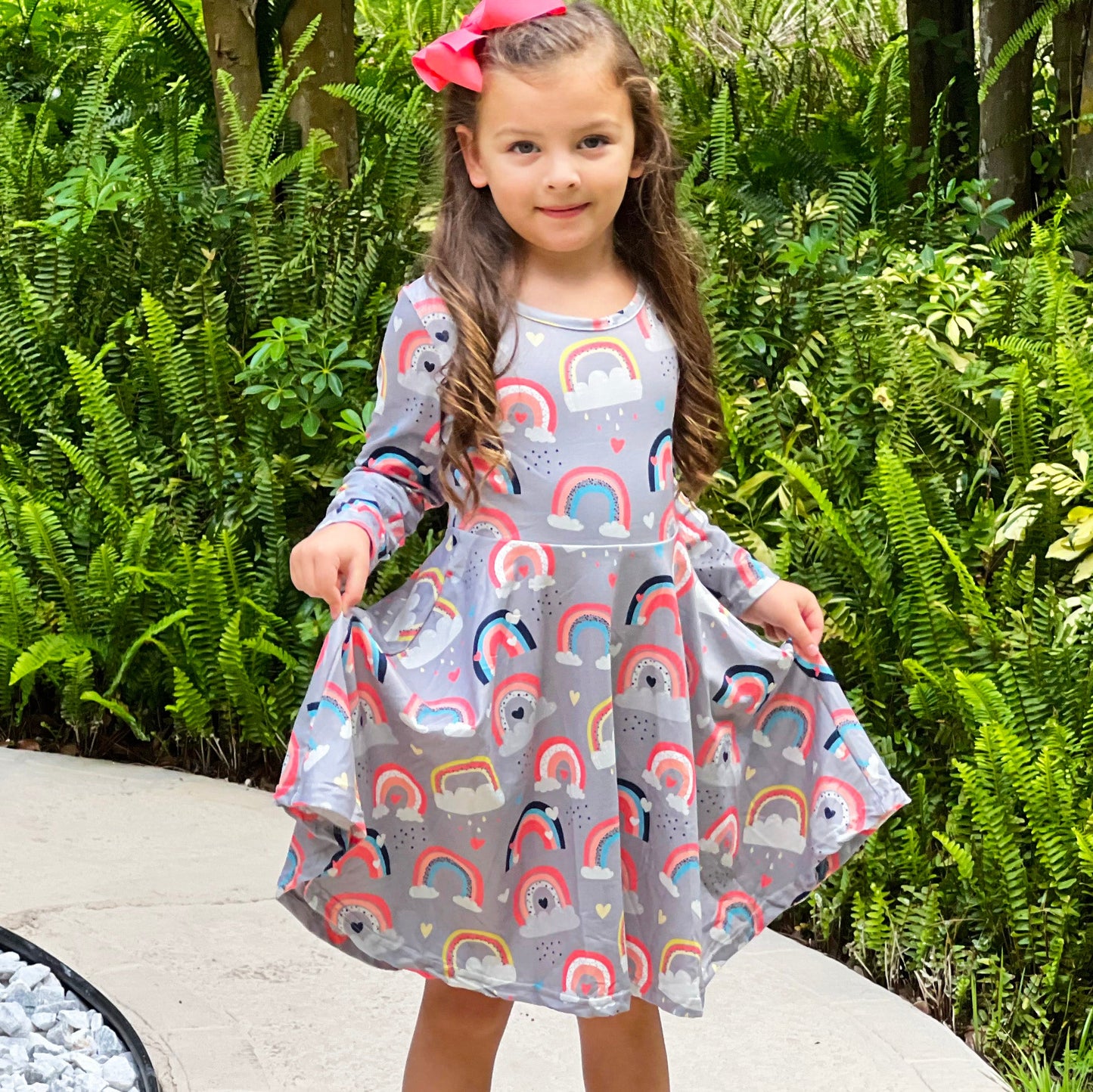 Girls Long Sleeve Boutique Flowy light weight Rainbow Swing Party Dress