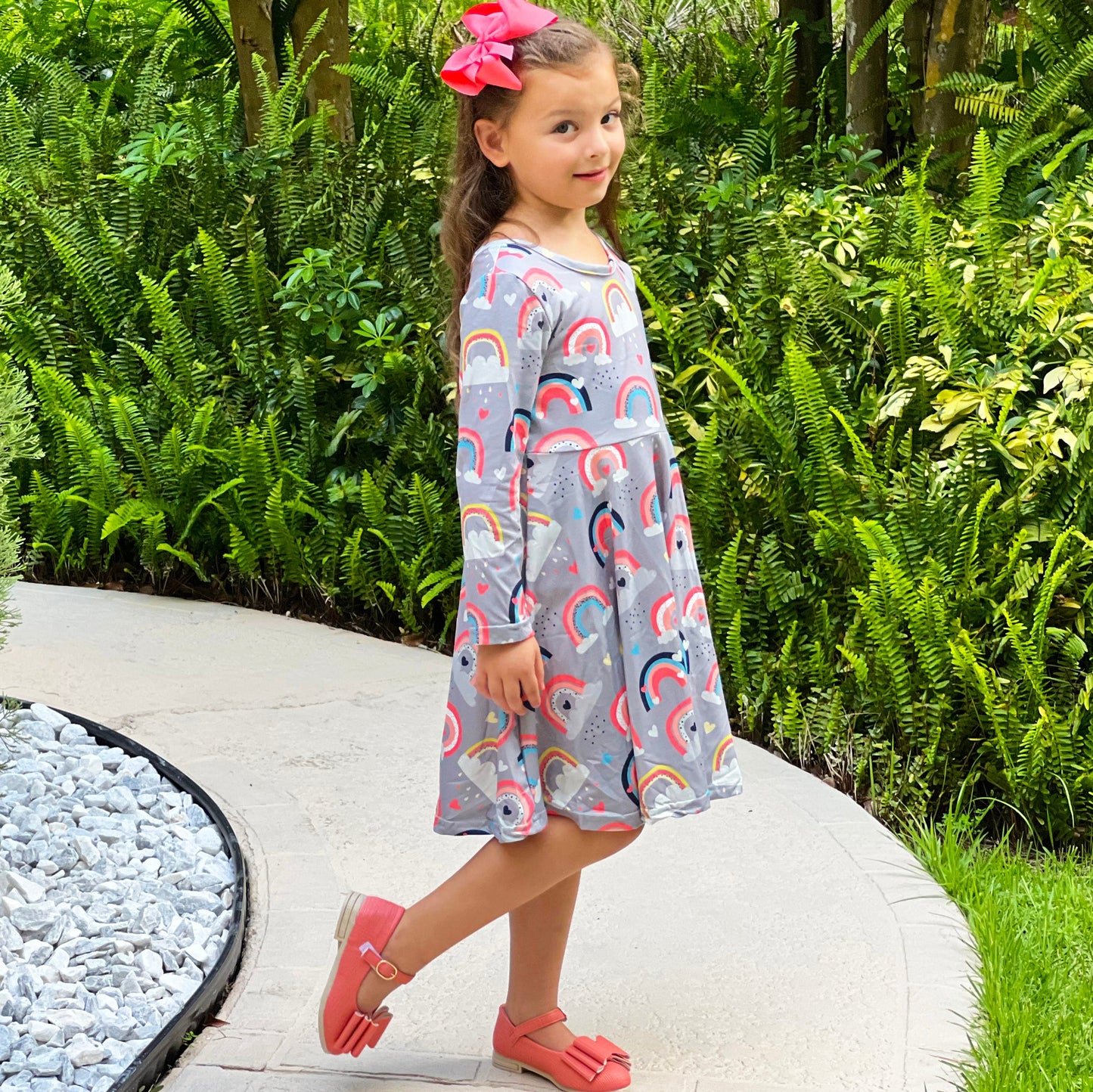 Girls Long Sleeve Boutique Flowy light weight Rainbow Swing Party Dress