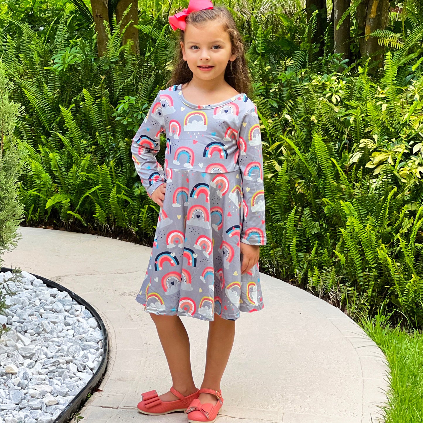 Girls Long Sleeve Boutique Flowy light weight Rainbow Swing Party Dress