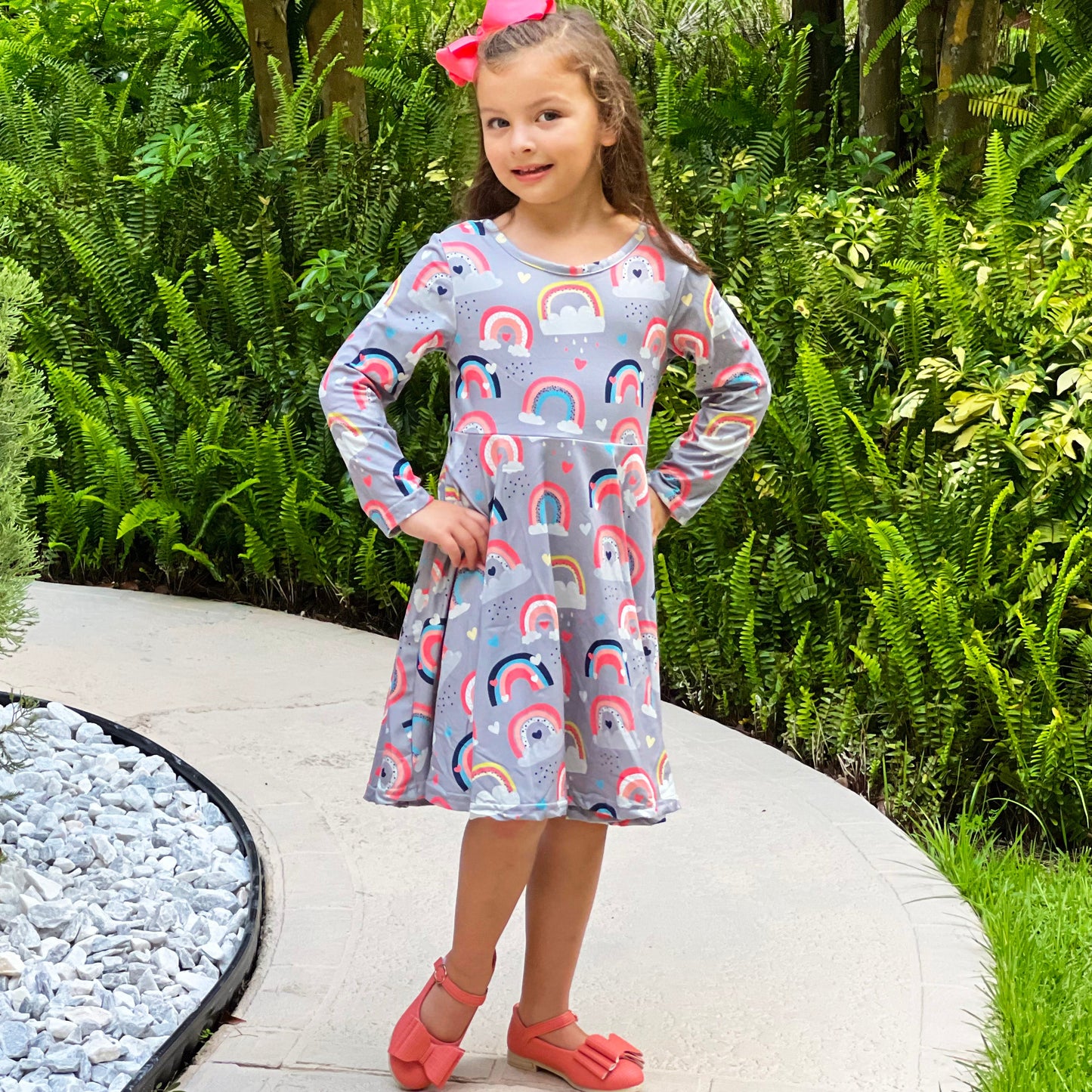 Girls Long Sleeve Boutique Flowy light weight Rainbow Swing Party Dress