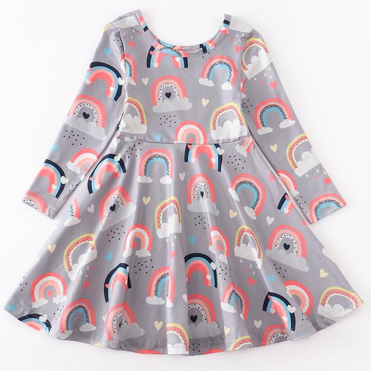 Girls Long Sleeve Boutique Flowy light weight Rainbow Swing Party Dress