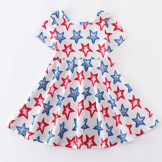 Girls 4th of July Patriotic Stars Red White & Blue Short Sleeve Swing Dress