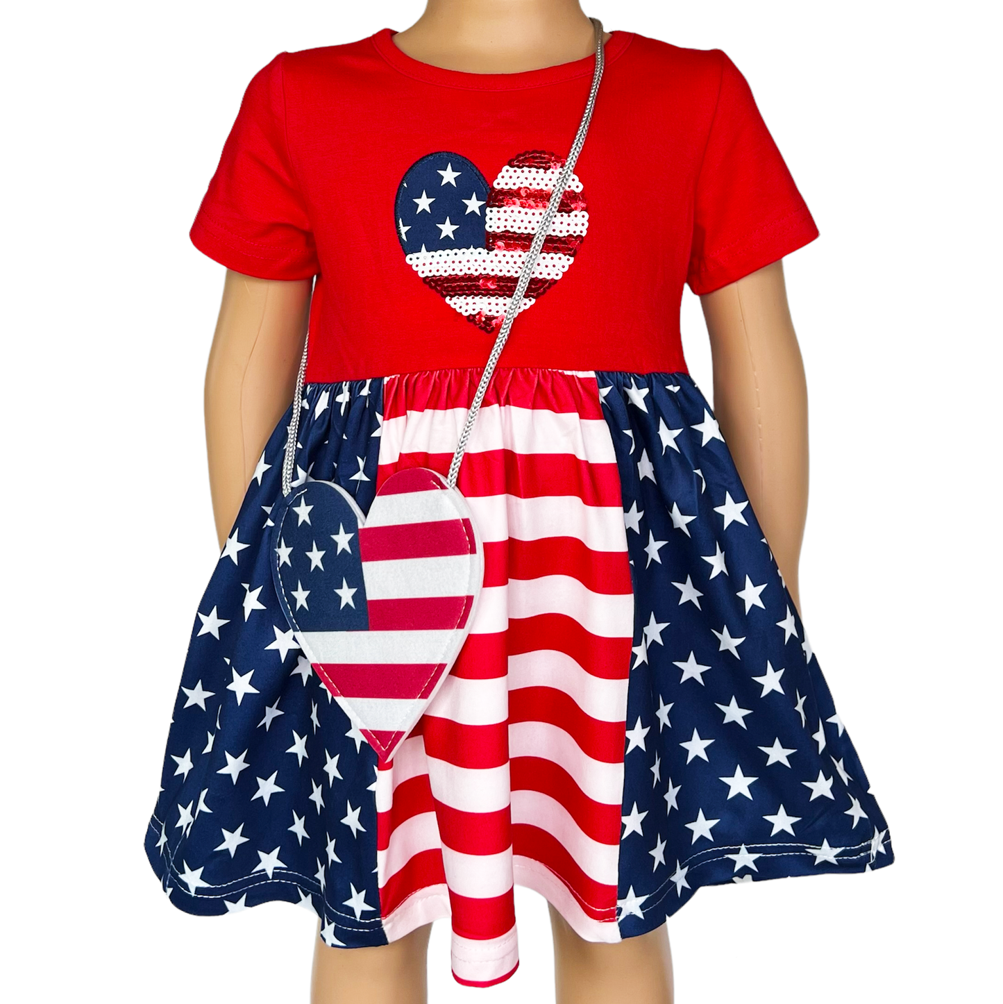 Girls 4th of July American Flag Heart Holiday Dress with Purse