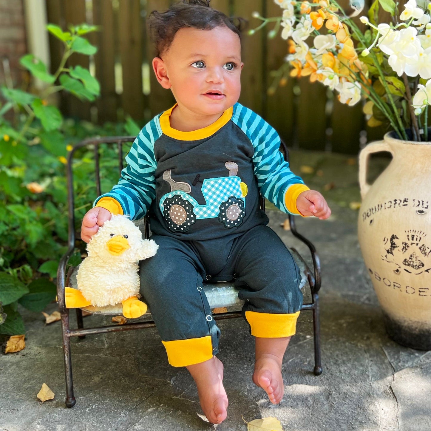 Baby Boys Blue Tractor Truck Fall Winter Cotton Romper
