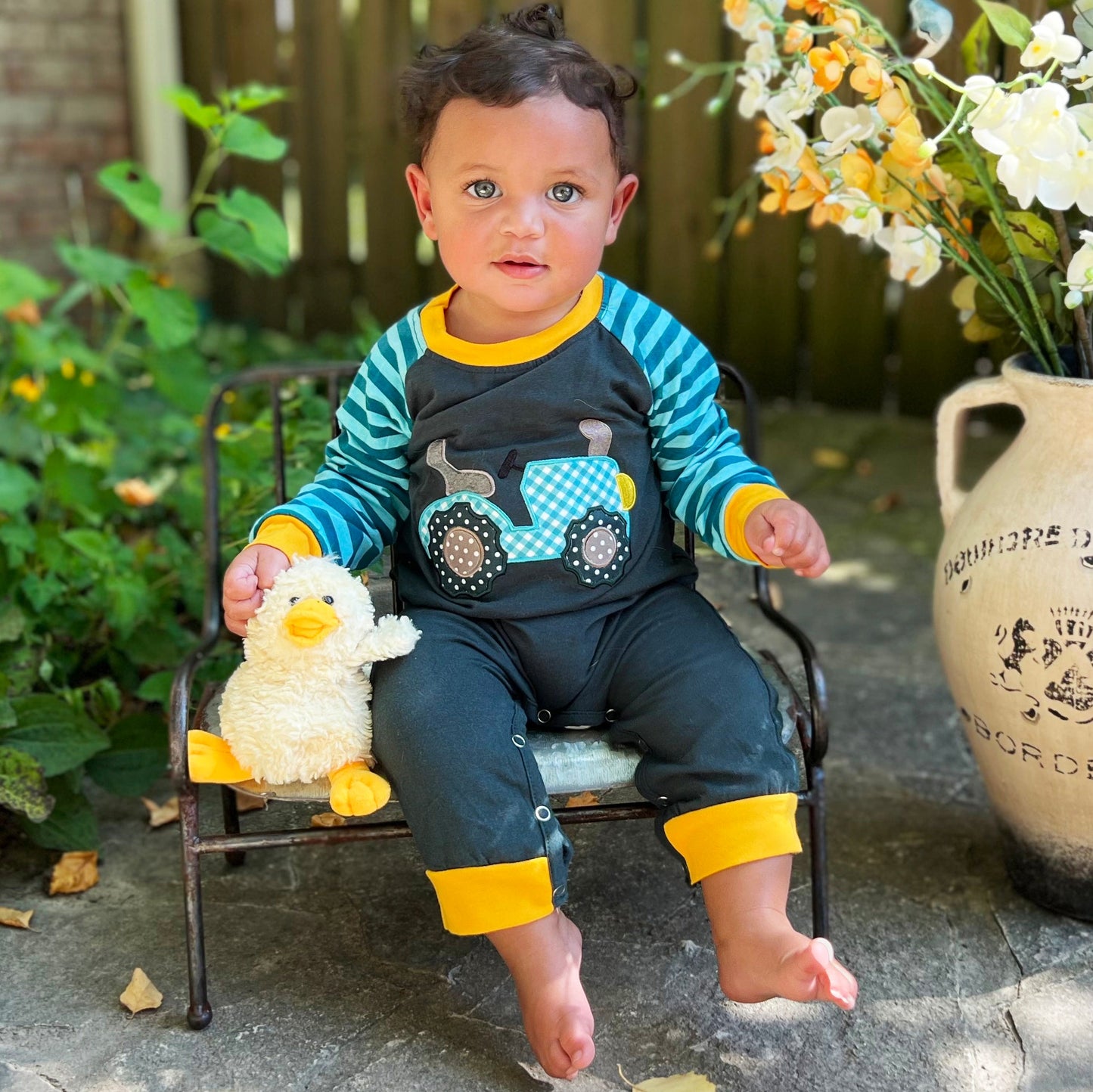 Baby Boys Blue Tractor Truck Fall Winter Cotton Romper