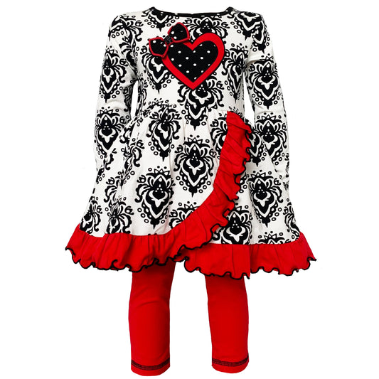 AnnLoren Girls Winter Damask Valentine's Heart Holiday Dress Tunic & Leggings Set