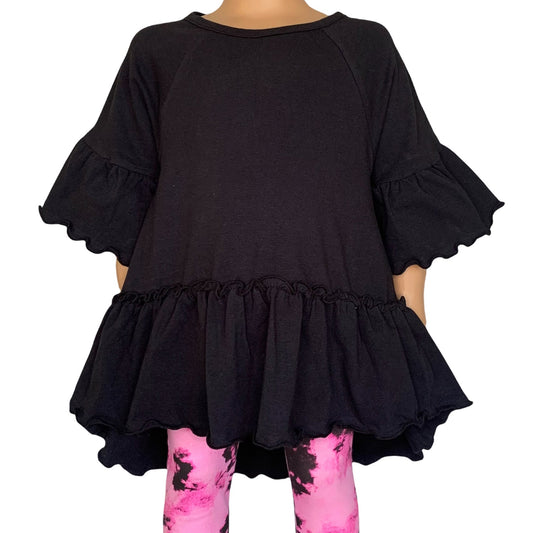 AnnLoren Little & Big Girls 3/4 Angel Sleeve Black Cotton Knit Ruffle Shirt