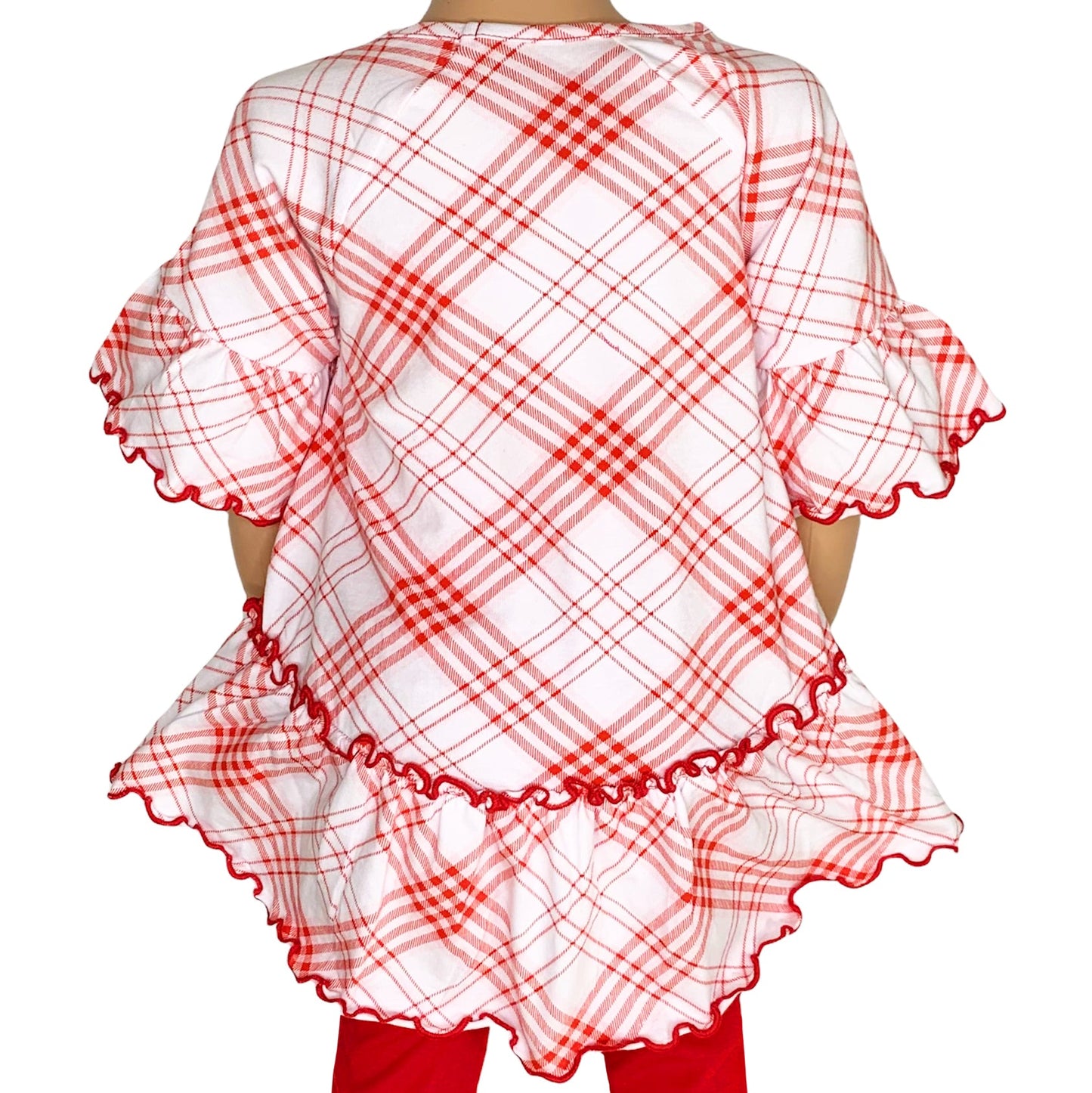 AnnLoren Little & Big Girls 3/4 Angel Sleeve Red Plaid Cotton Knit Ruffle Shirt