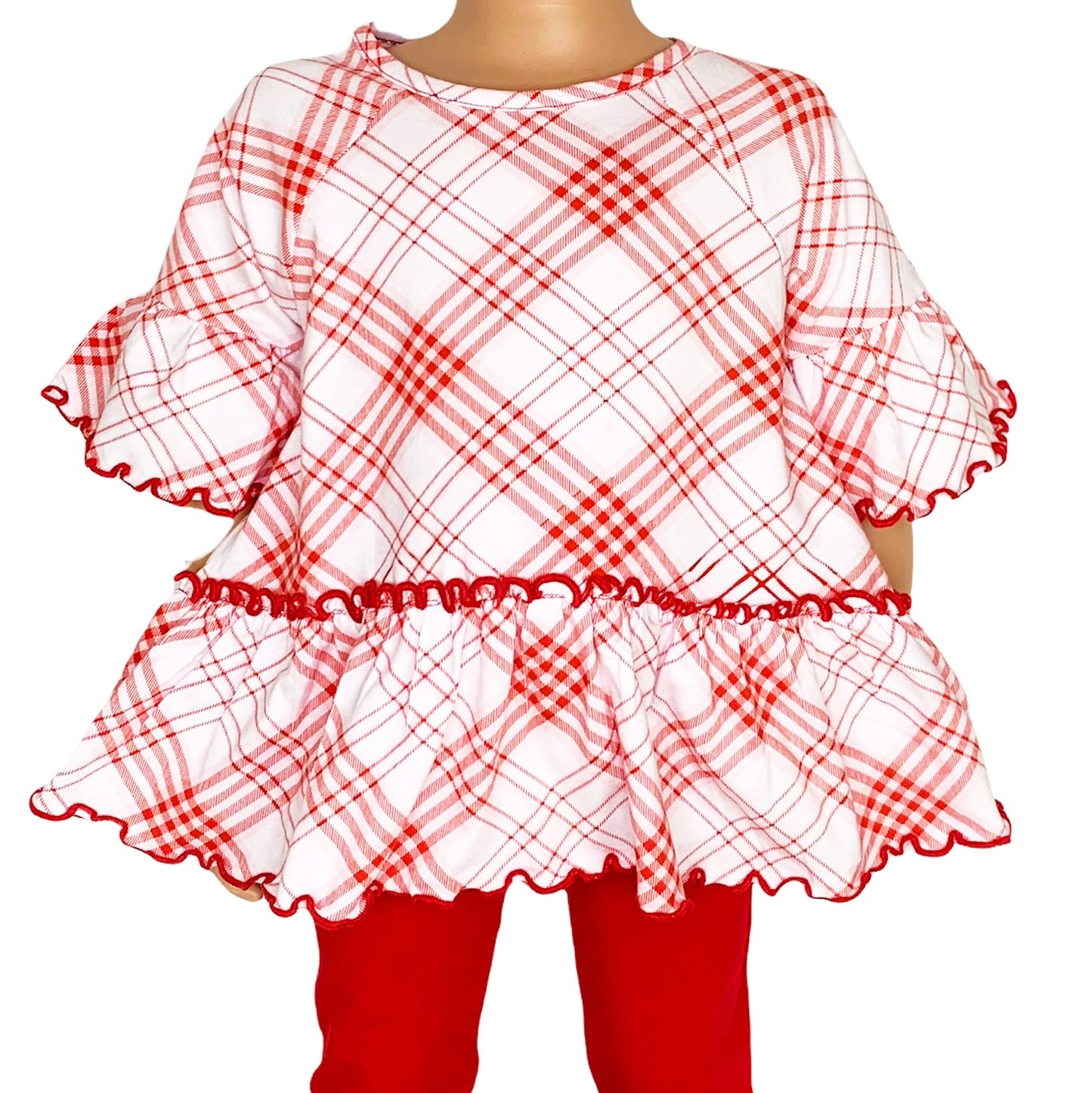AnnLoren Little & Big Girls 3/4 Angel Sleeve Red Plaid Cotton Knit Ruffle Shirt