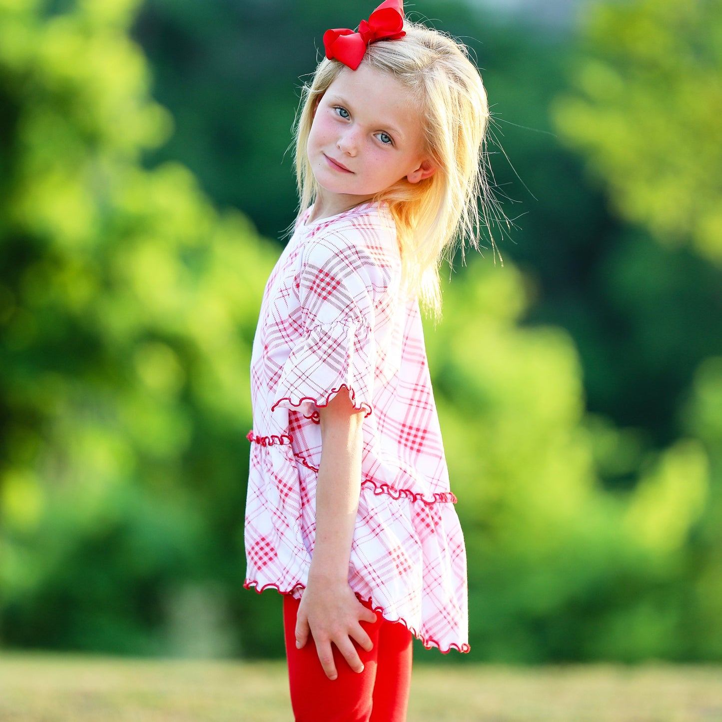 AnnLoren Little & Big Girls 3/4 Angel Sleeve Red Plaid Cotton Knit Ruffle Shirt