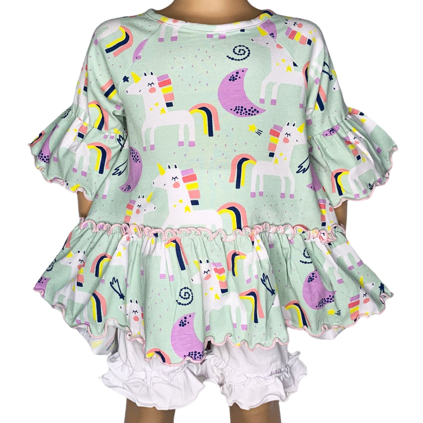 AnnLoren Little & Big Girls 3/4 Angel Sleeve Unicorn Cotton Knit Ruffle Shirt