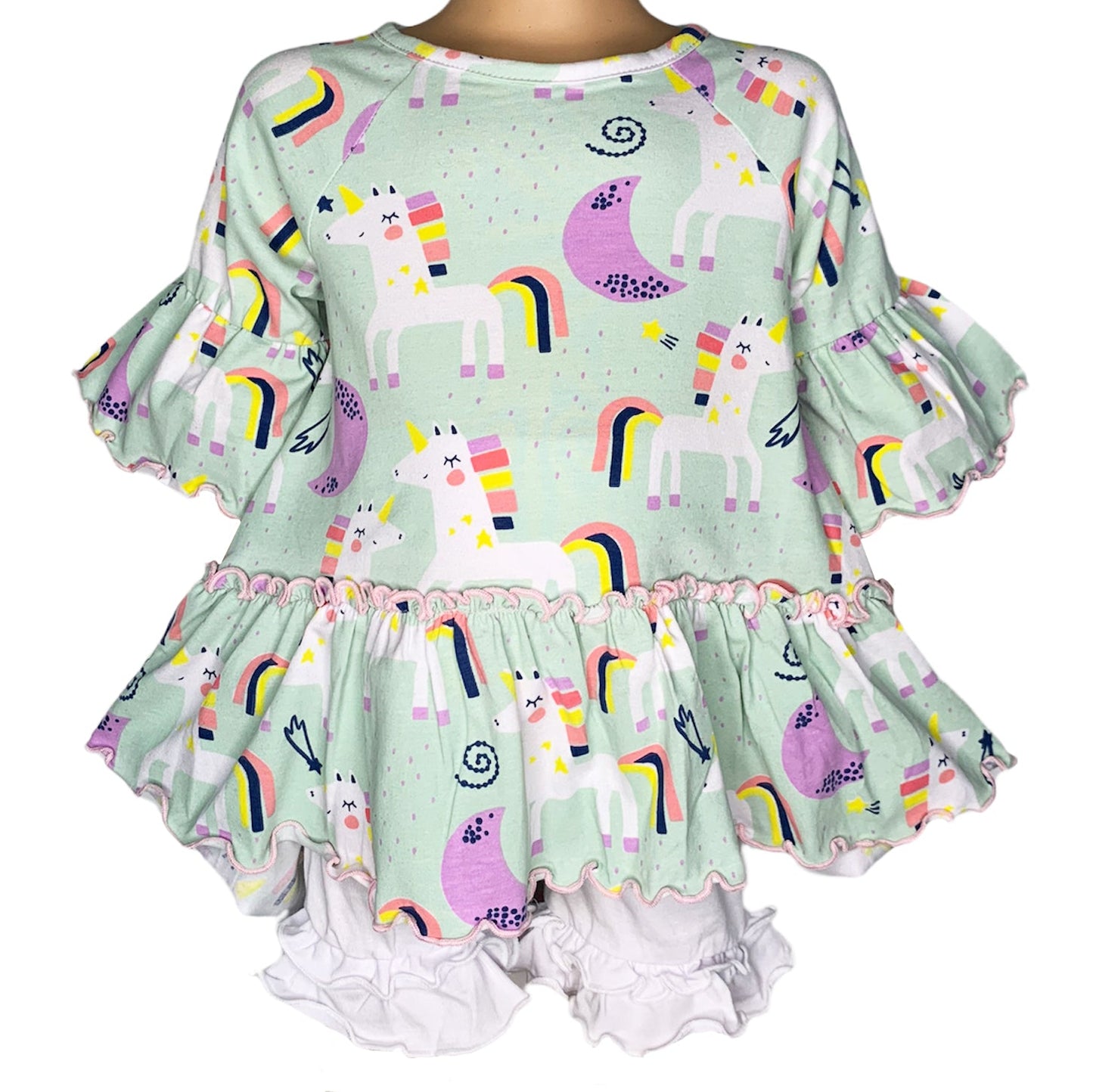 AnnLoren Little & Big Girls 3/4 Angel Sleeve Unicorn Cotton Knit Ruffle Shirt