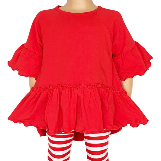 AnnLoren Little & Big Girls 3/4 Angel Sleeve Red Cotton Knit Ruffle Shirt