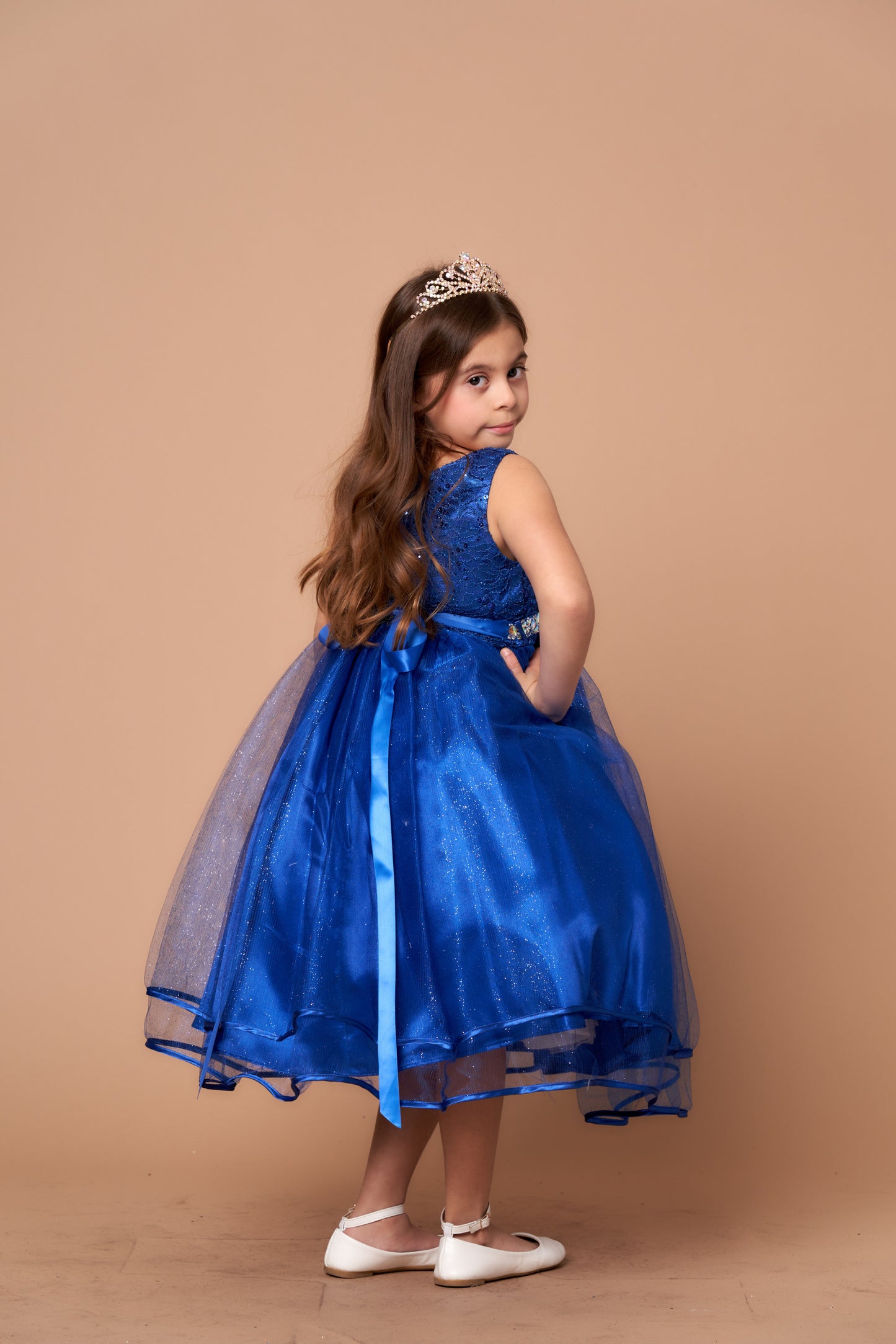 Classic tea length sequin and mesh children formal wear Calla Collection D-814