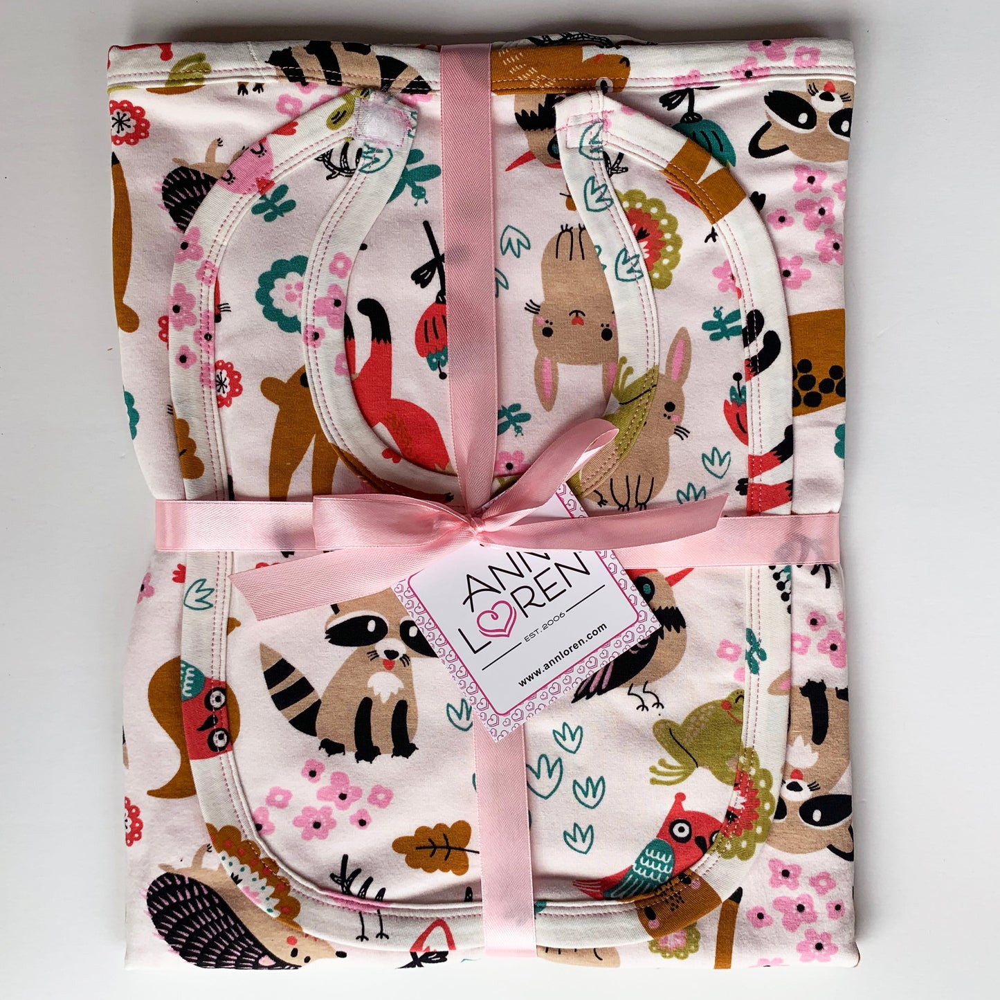 AnnLoren Baby Toddler Girls Forest Friends Blanket & Bib Gift Set 2 pc Knit Cotton
