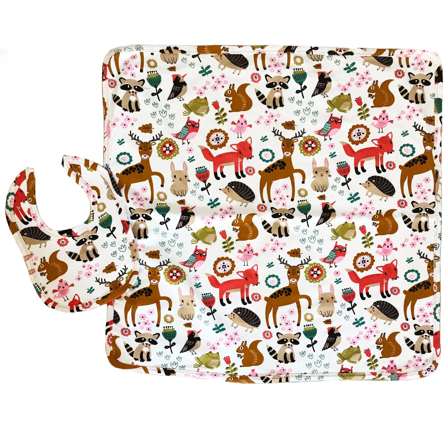 AnnLoren Baby Toddler Girls Forest Friends Blanket & Bib Gift Set 2 pc Knit Cotton
