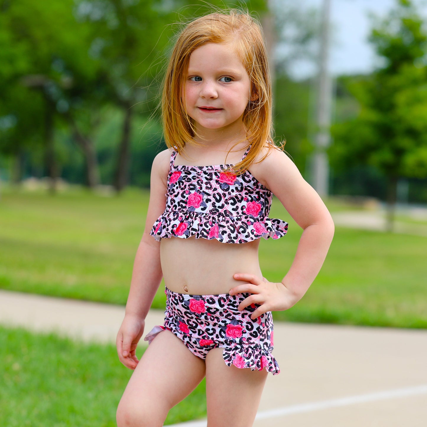 AL Limited Girls 2 piece Leopard Rose Tankini Swimsuit Bathing Suit