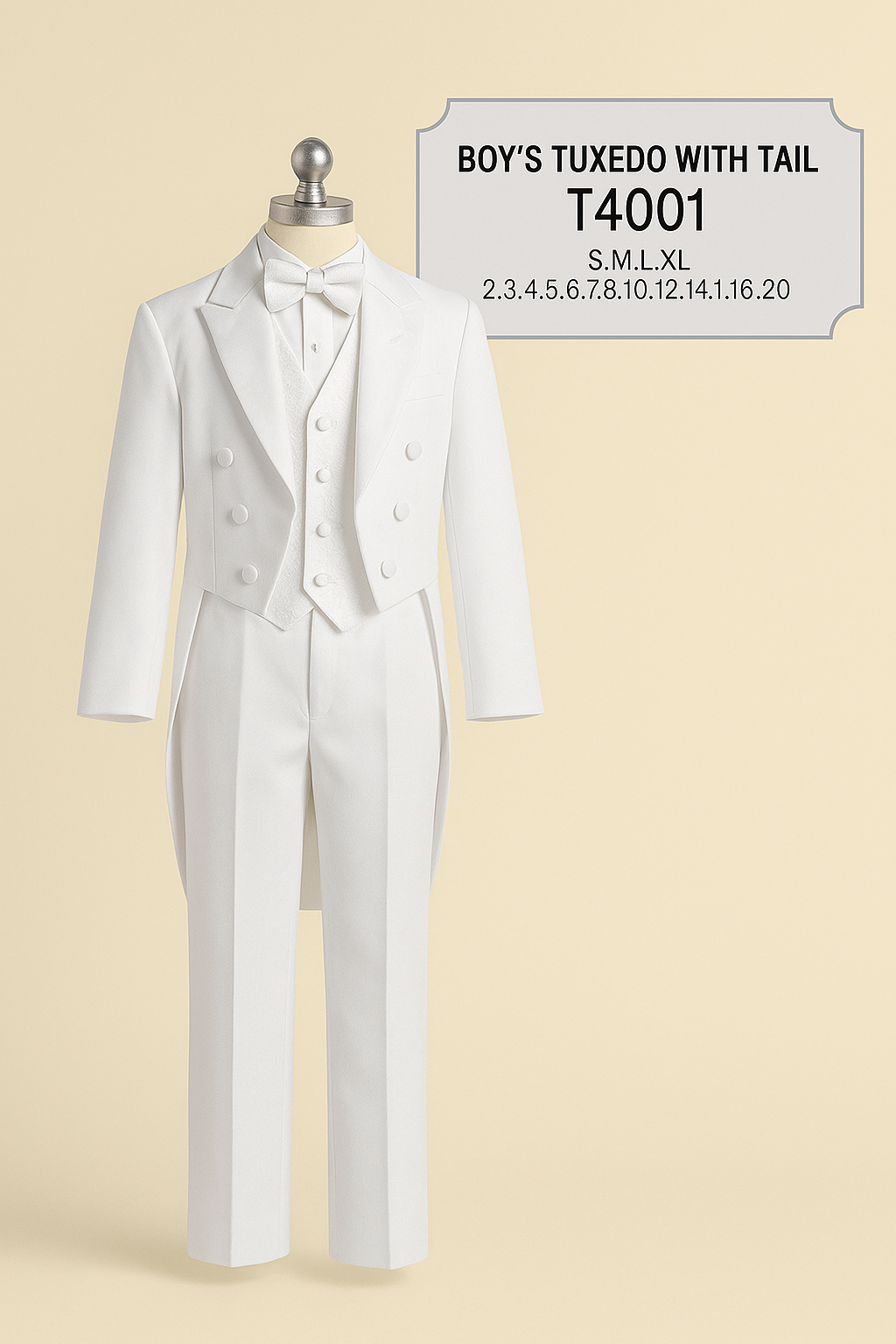 Calla Collection T-4001 infant formal tuxedo in sizes Small to Extra Large showcasing a miniature black-tie layout.