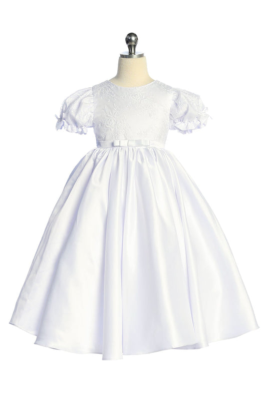 White satin babydoll dress with embroidered puff sleeves, full-length, designed for girls, available in plus sizes by Kid's Dream.