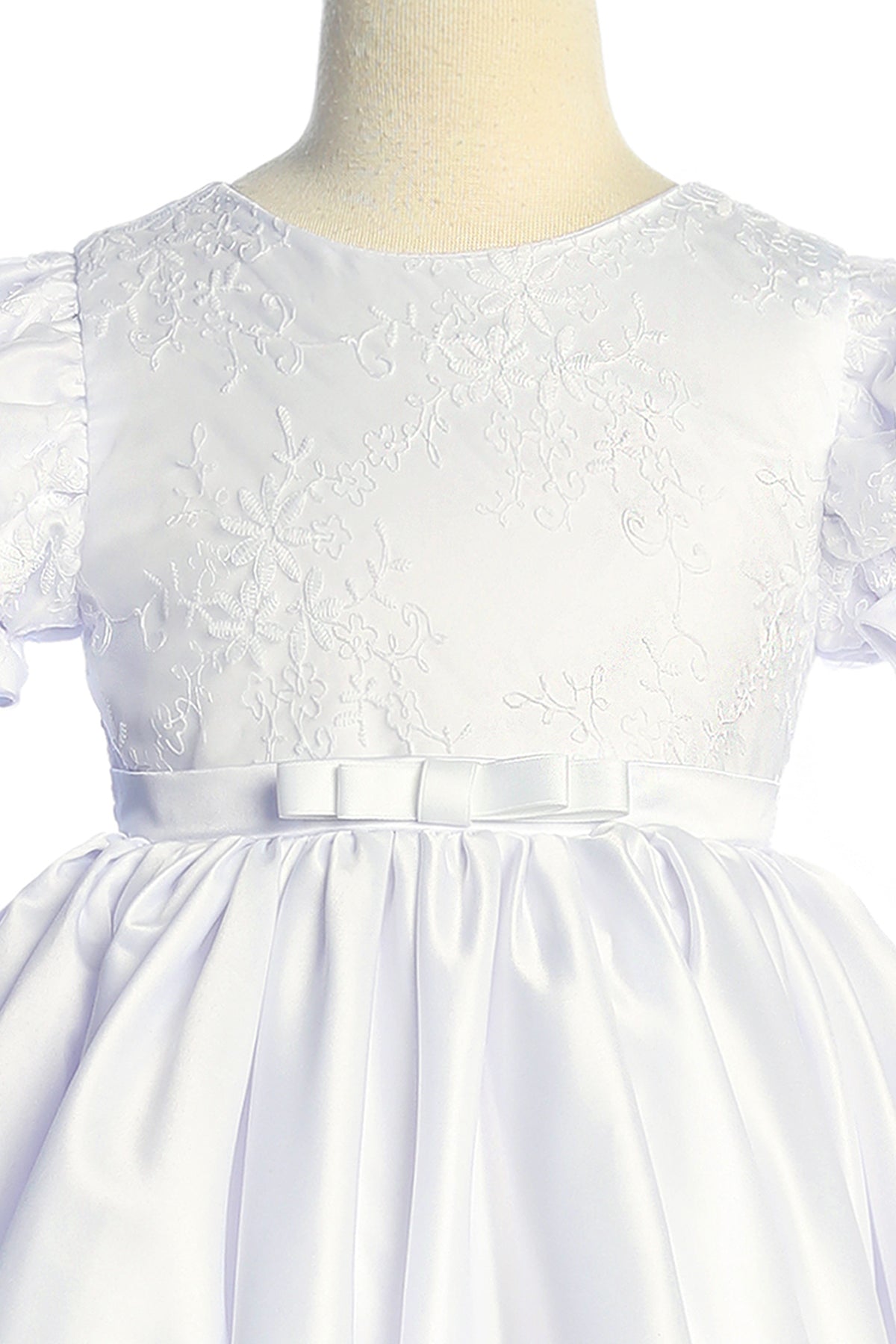 White satin babydoll dress with embroidered puff sleeves for girls, available in plus sizes, by Kid's Dream.