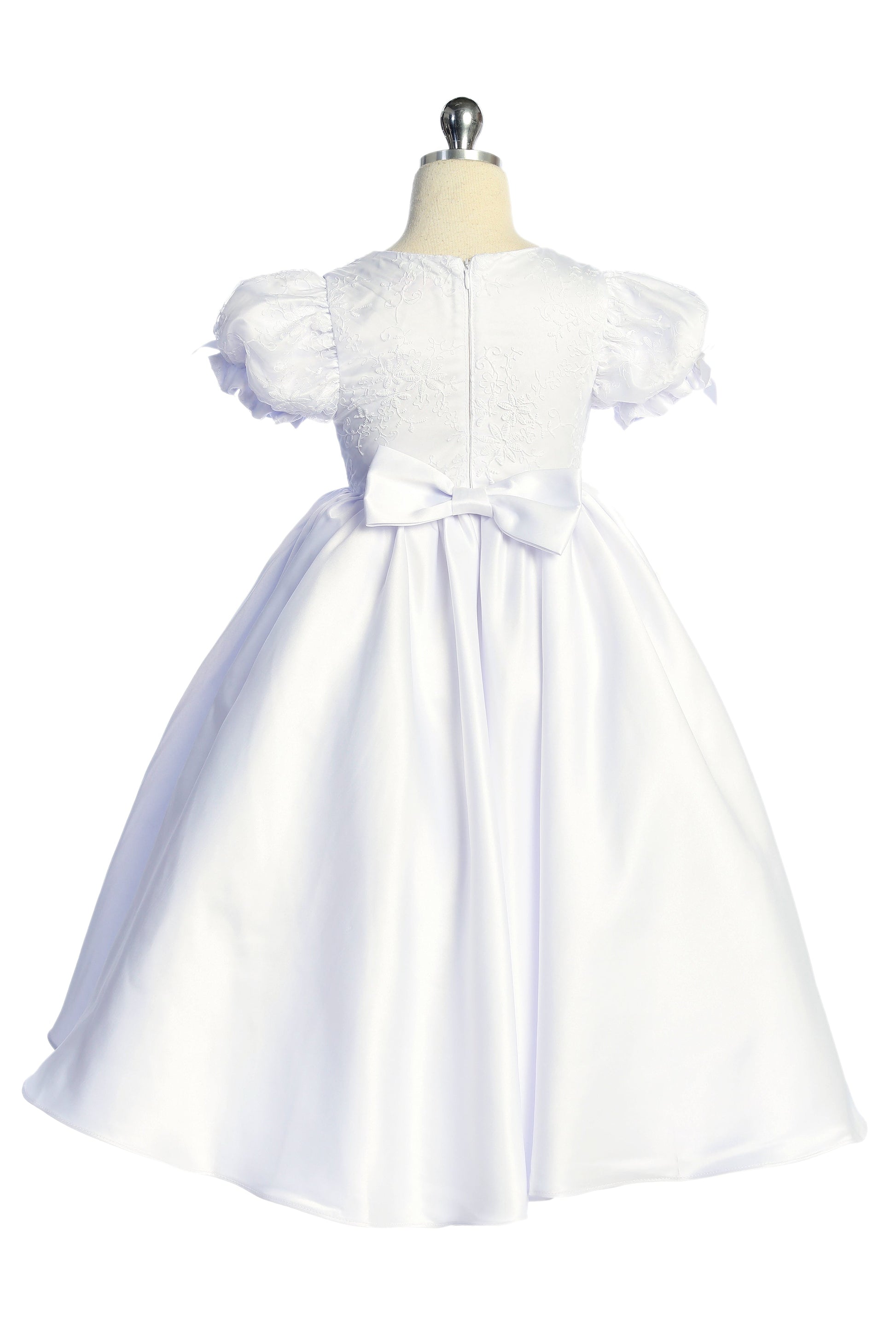 White satin babydoll dress with embroidered details and puff sleeves, available in plus sizes, by Kid's Dream for girls.