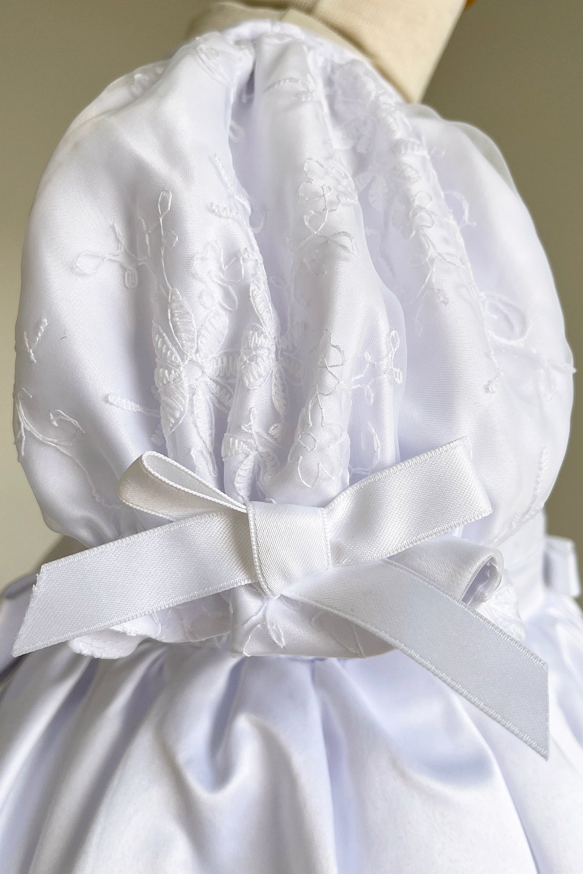 White satin babydoll dress with embroidered puff sleeves for girls, plus size available, by Kid's Dream.