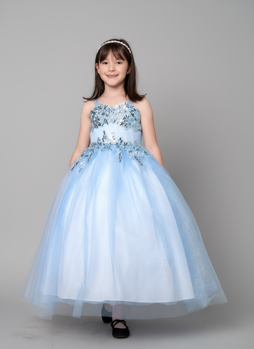 Calla Collection D-820 special occasion dress featuring a structured bodice with rich floral sequin appliques