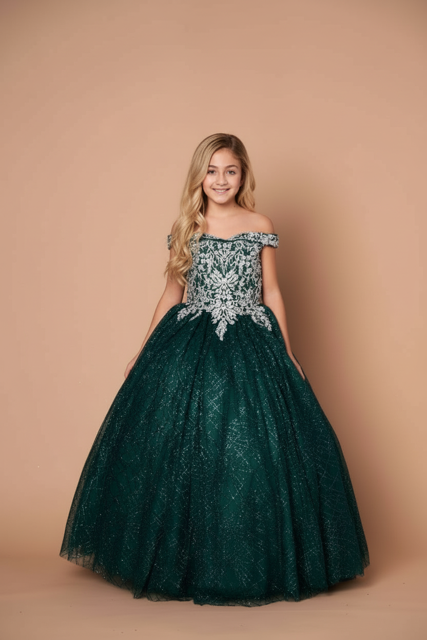 Elegant illusion shoulder treatments framing the upper silhouette with princess-like poise on the Calla Collection WB-104 dress.