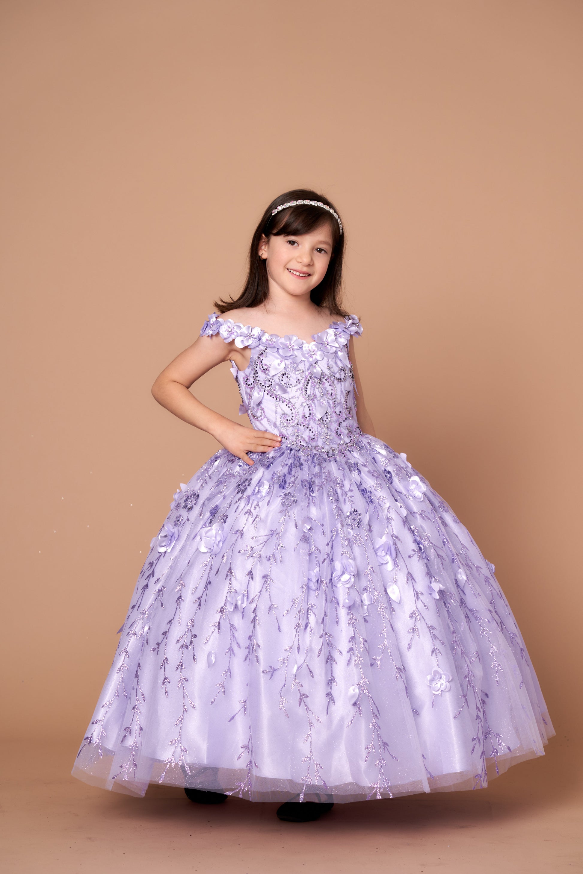 Symmetrical frontal view of the Calla Collection SCK-301 gown highlighting the floral-trimmed bodice and defined waistline.