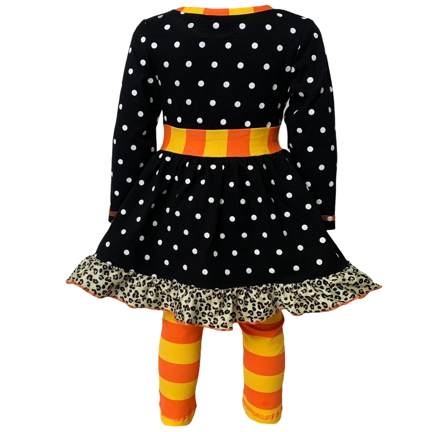 AnnLoren Girls Autumn Black Polka Dot Orange Pumpkin Dress & Leggings Outfit