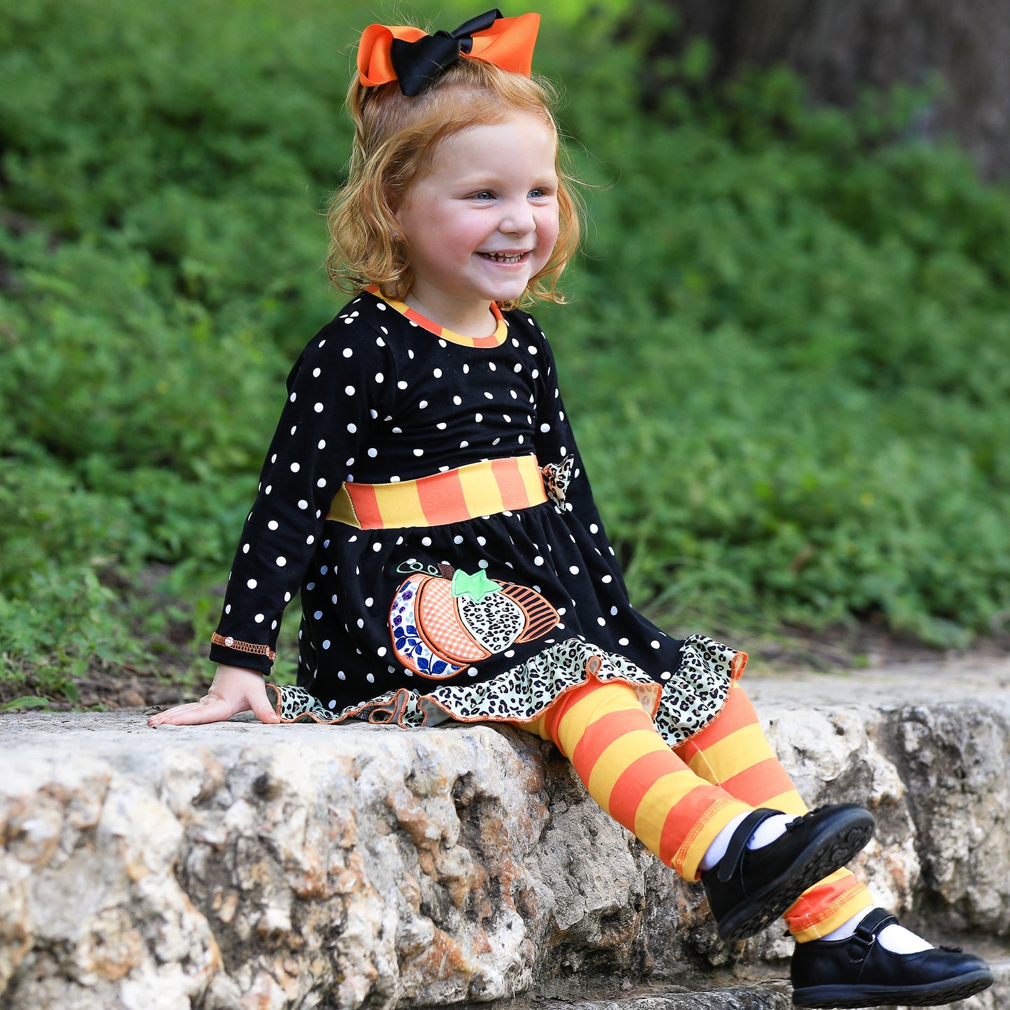 AnnLoren Girls Autumn Black Polka Dot Orange Pumpkin Dress & Leggings Outfit
