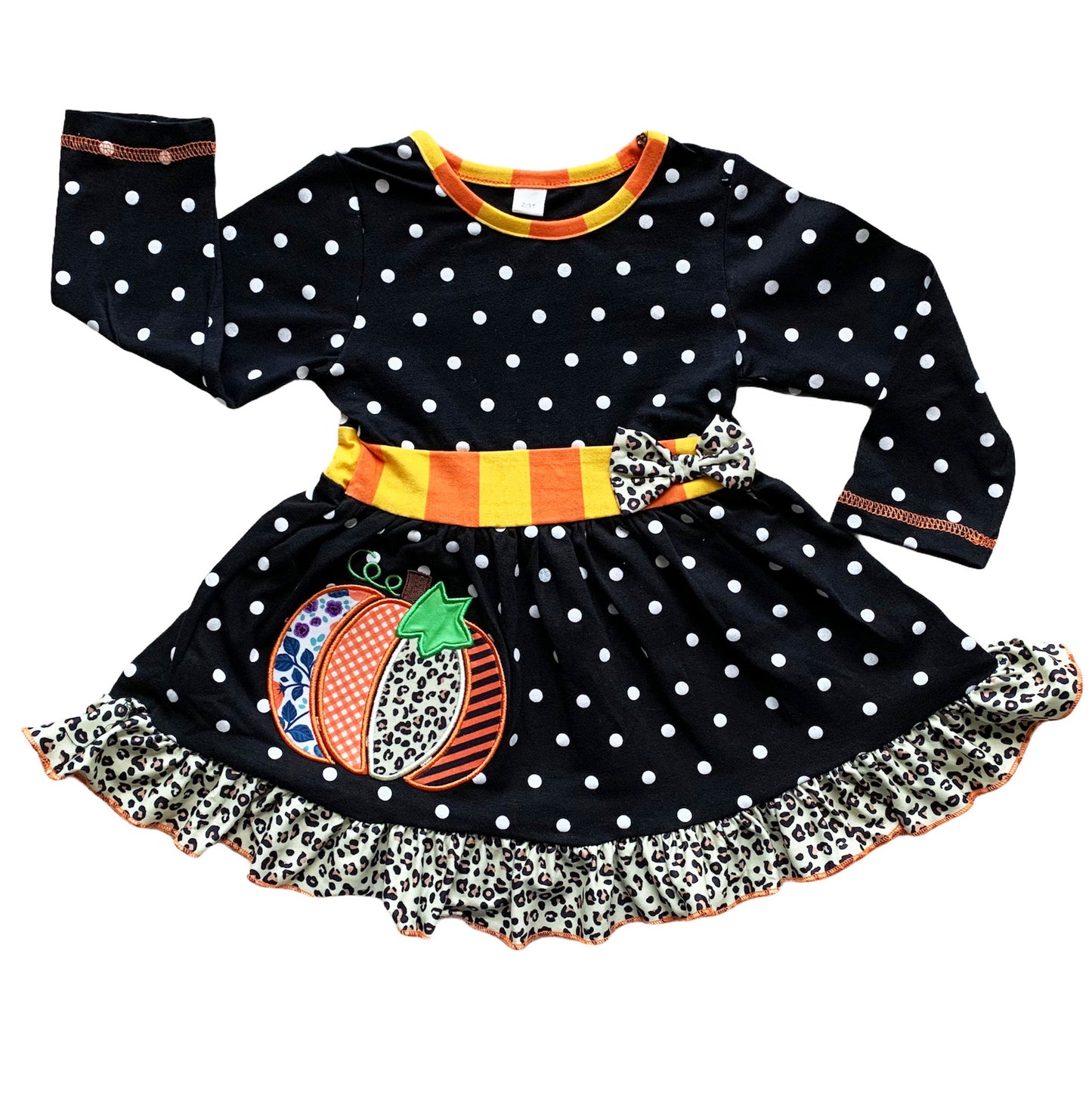 AnnLoren Girls Autumn Black Polka Dot Orange Pumpkin Dress & Leggings Outfit