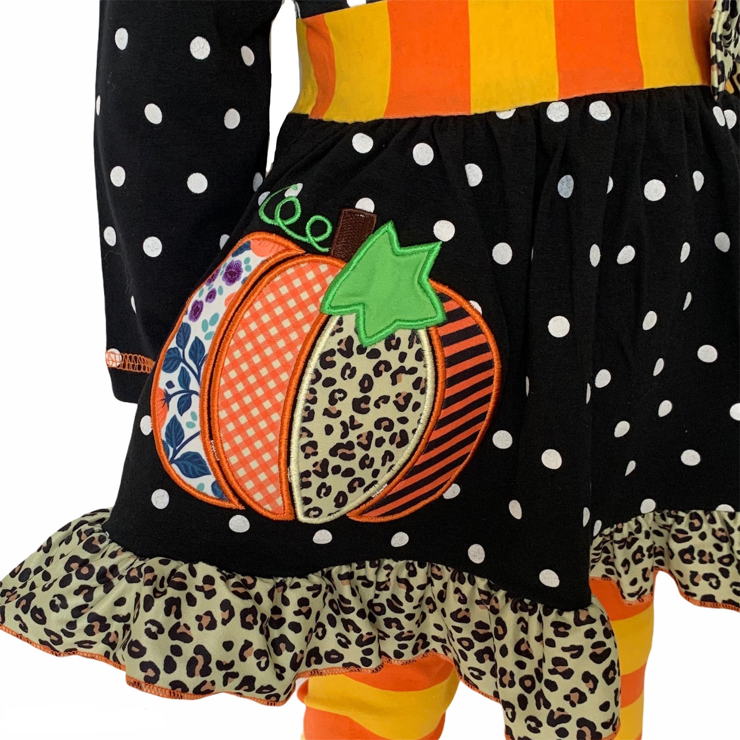 AnnLoren Girls Autumn Black Polka Dot Orange Pumpkin Dress & Leggings Outfit