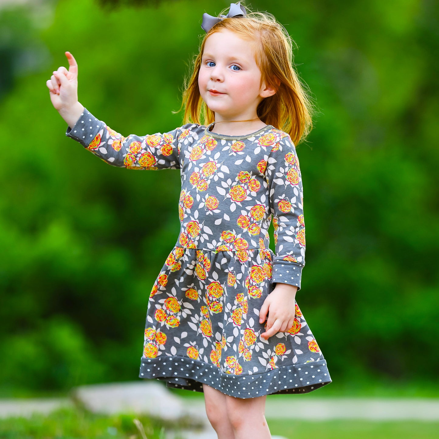 AnnLoren Girls Boutique Grey Peach Shabby Fall Floral Long Sleeve Cotton Dress