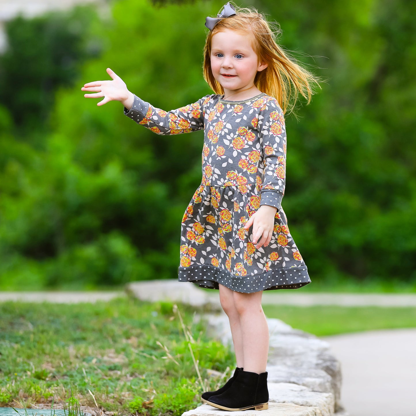 AnnLoren Girls Boutique Grey Peach Shabby Fall Floral Long Sleeve Cotton Dress