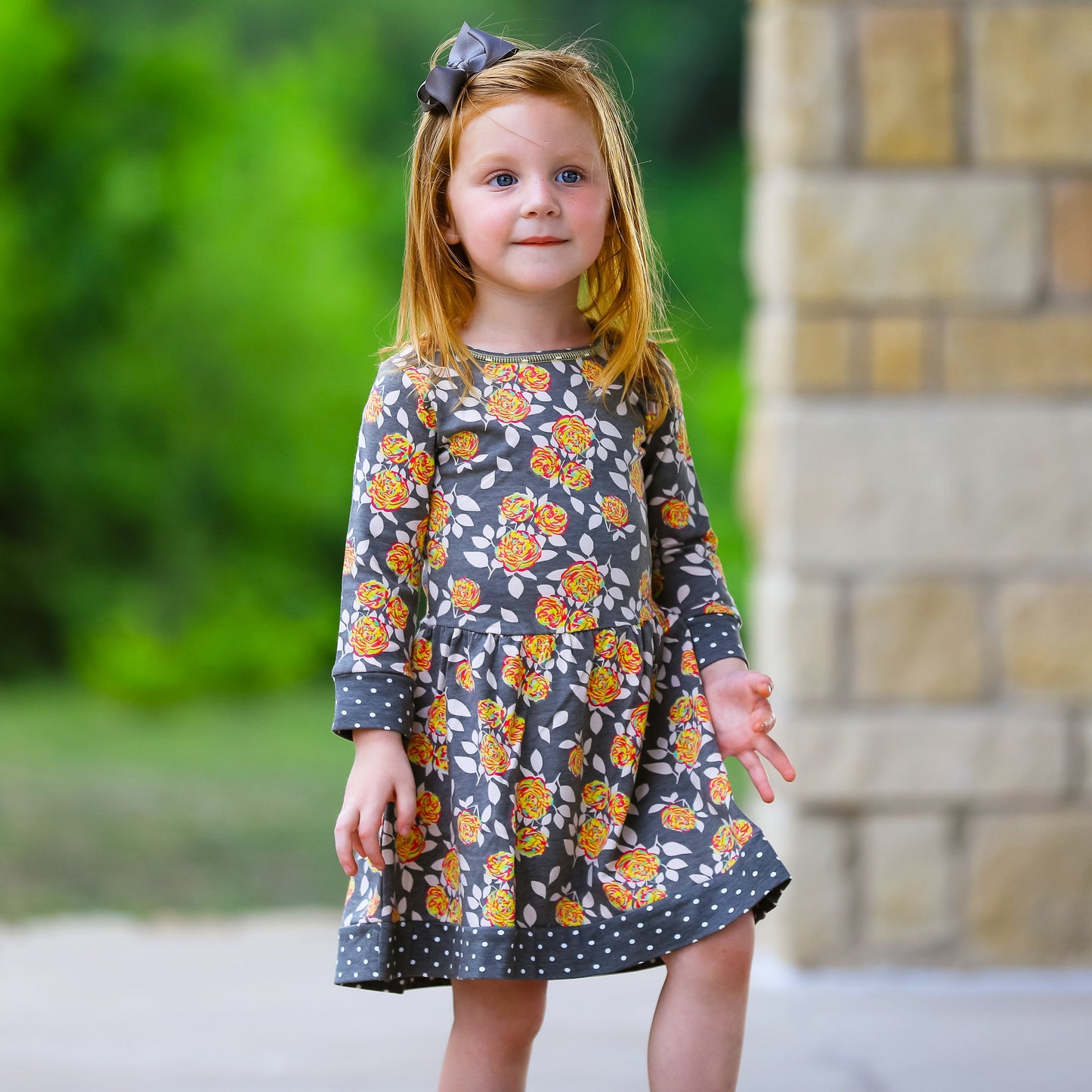 AnnLoren Girls Boutique Grey Peach Shabby Fall Floral Long Sleeve Cotton Dress