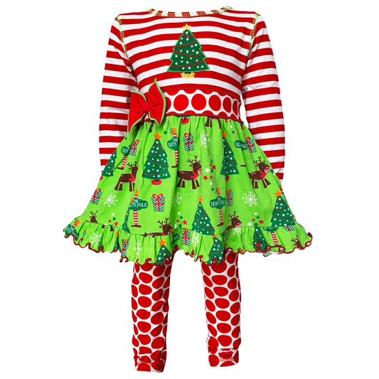 AnnLoren Girls Boutique Christmas Holiday Dress and Polka Dot Legging Set