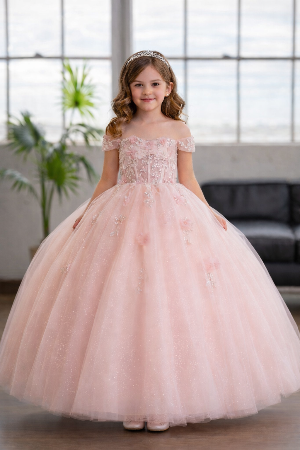 Calla Collection SCK-315 girls mini Quinceanera ball gown showcasing a modern high-fashion sheer bodice with internal boning.