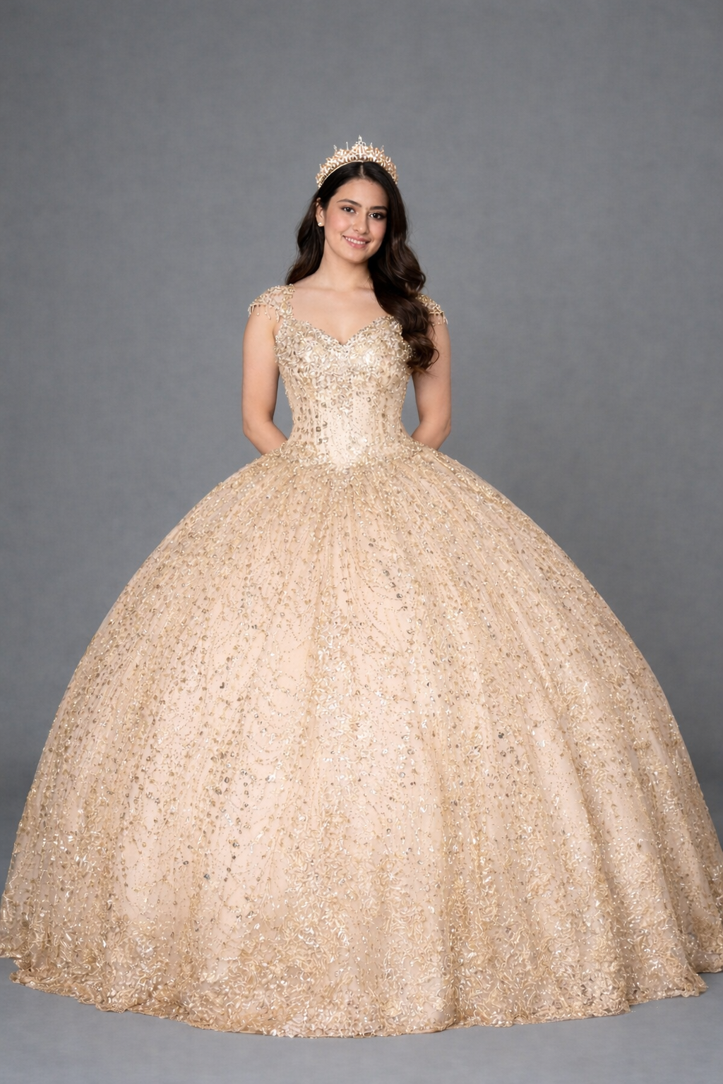 Multi-faceted rhinestone clusters catching the light beautifully across the upper frame of the Calla Collection KY-73309 gown