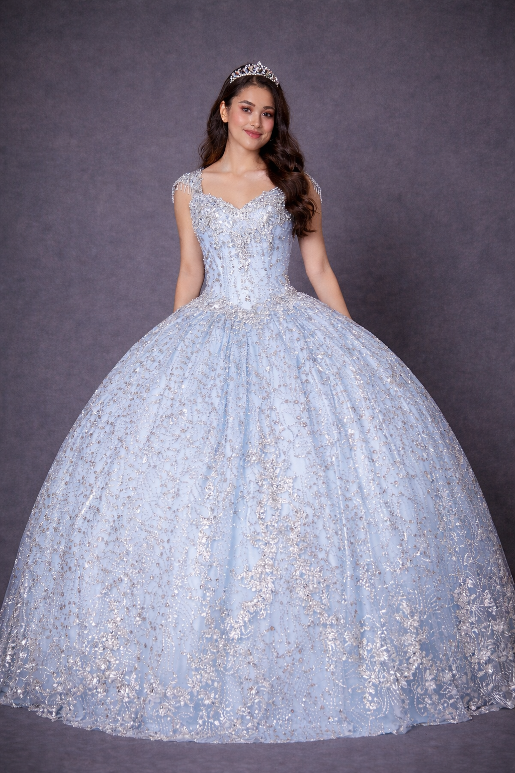 High-theatricality floor-length ball gown skirt built with unique horizontal tiers of fine crystal tulle panels on Calla Collection KY-73309