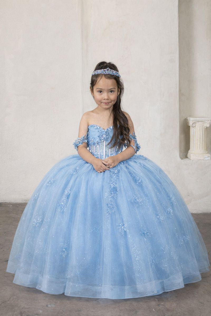 Calla Collection SCK-328 girls formal dress showcasing a structured sheer bodice layer and clean sleeveless neckline profile.