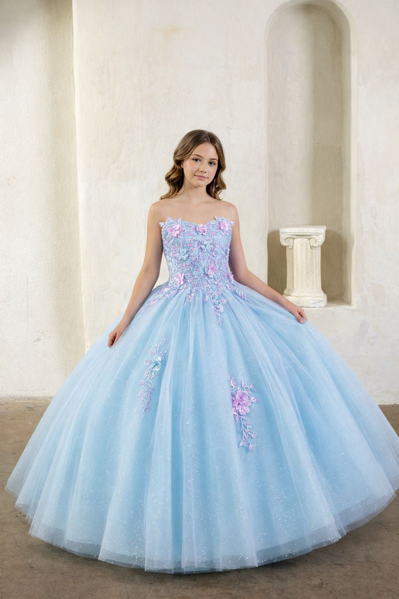 Calla Collection SCK-326 girls dress showcasing an expertly designed two-tone off-shoulder layout with an illusion sweetheart sheer corset bodice and raised 3D floral appliqués.