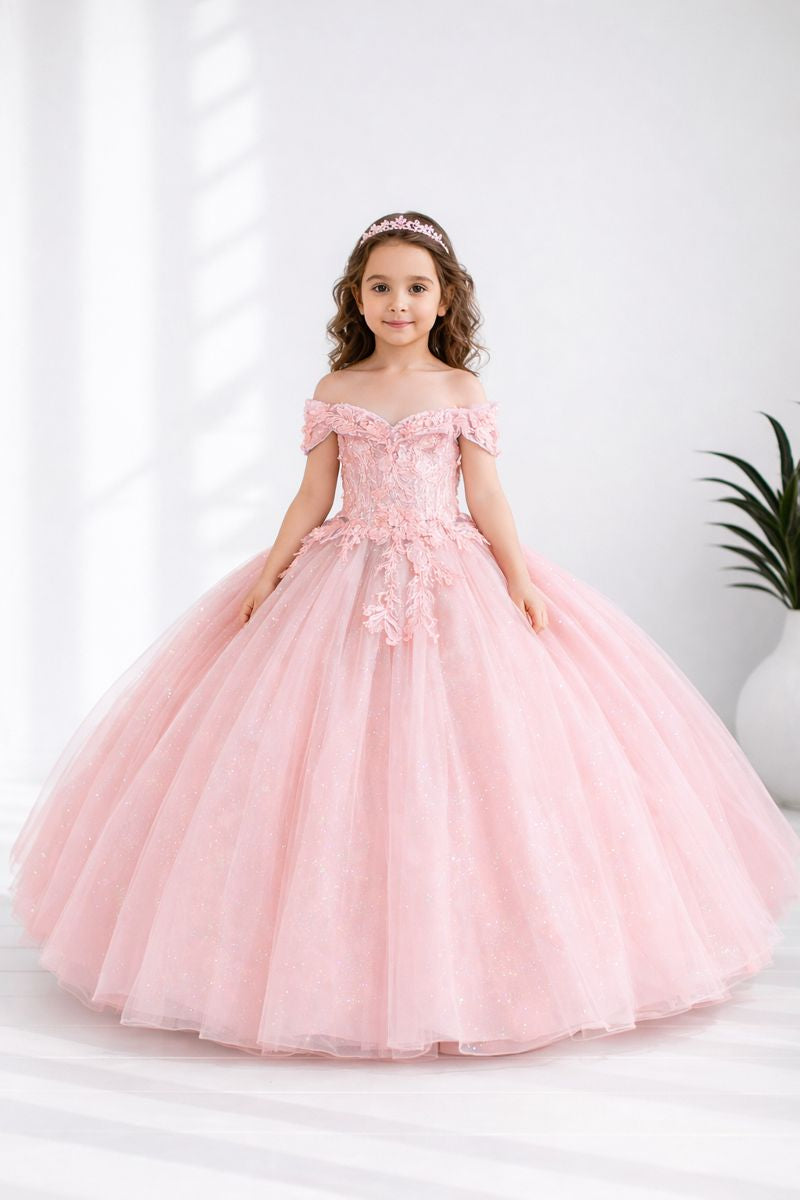 Symmetrical frontal view of the Calla Collection SCK-325 gown highlighting the detailed floral torso and versatile detachable waist bow.