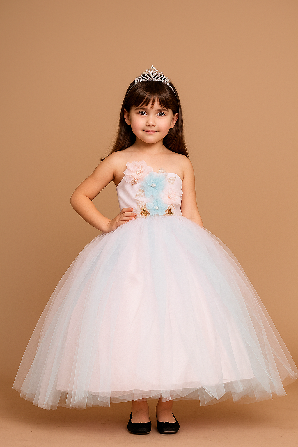 Richly detailed upper frame completely encrusted with raised tactile 3D flower appliques on the Calla Collection D-830 gown.