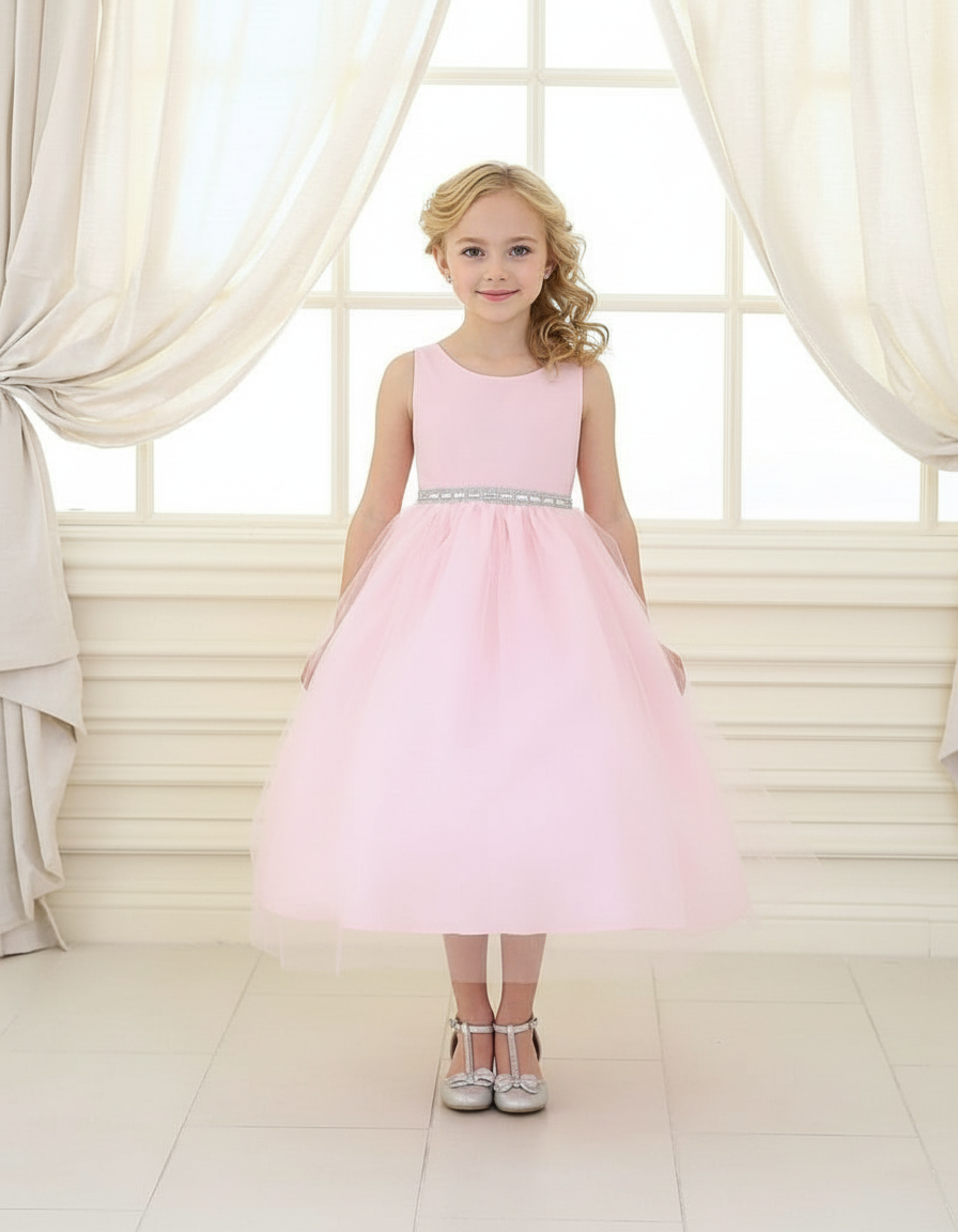 Calla Collection D-754 formal dress featuring a round neckline and decorated bodice
