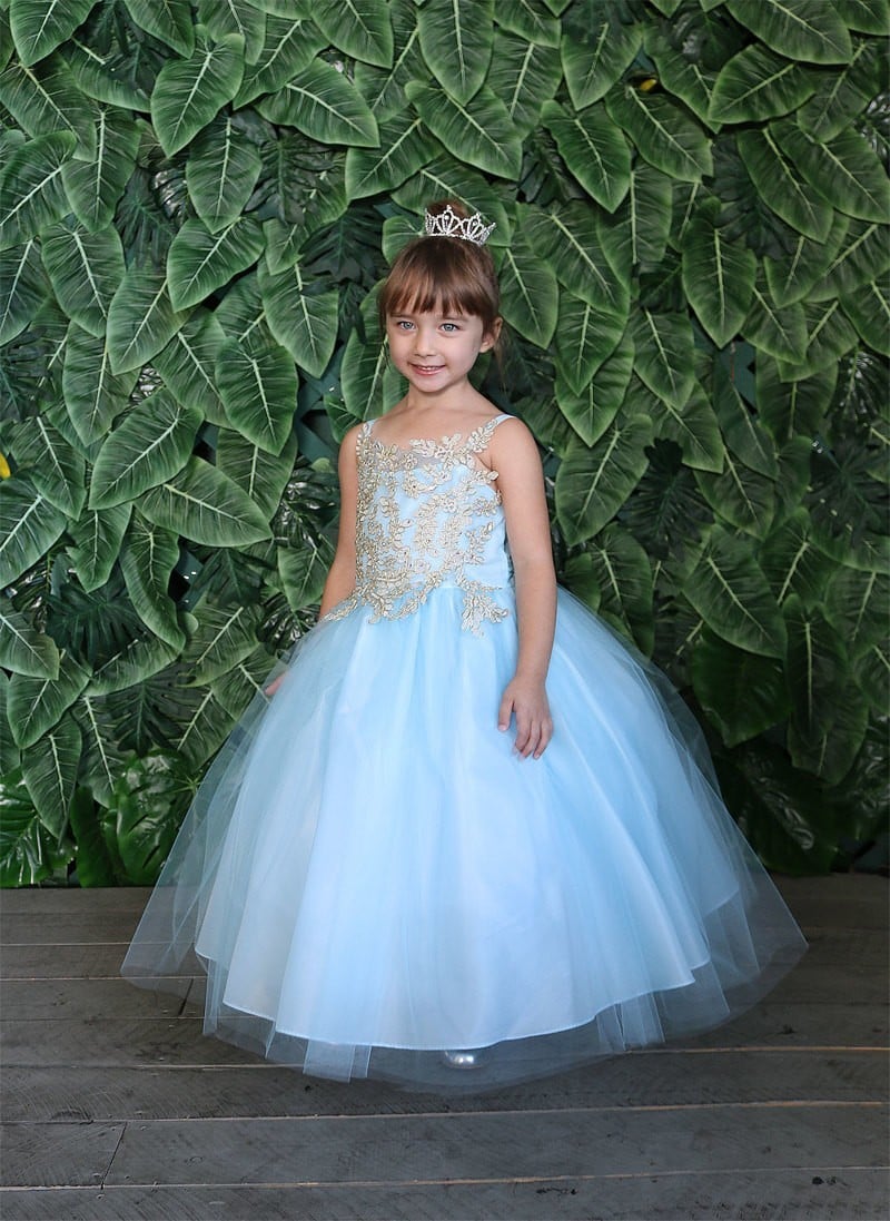 Calla Collection D-778-Big youth pageant dress adorned with shimmering rhinestone accents along the neckline