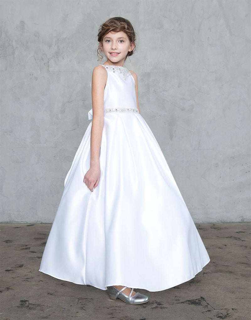 Calla Collection D-786 big girls formal dress showcasing a structured sleeveless satin bodice and classic modest neckline.