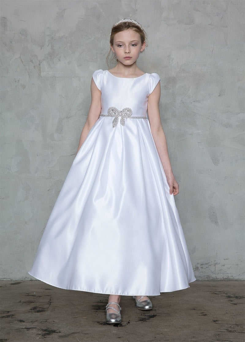 Calla Collection D-787 big girls formal dress showcasing a structured sleeveless satin bodice and modest neckline.