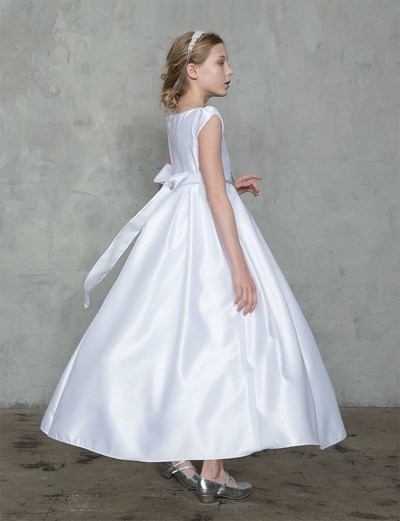 Detailed layout of the detachable rhinestone bow belt adding a touch of sparkle across the Calla Collection D-787 waist.