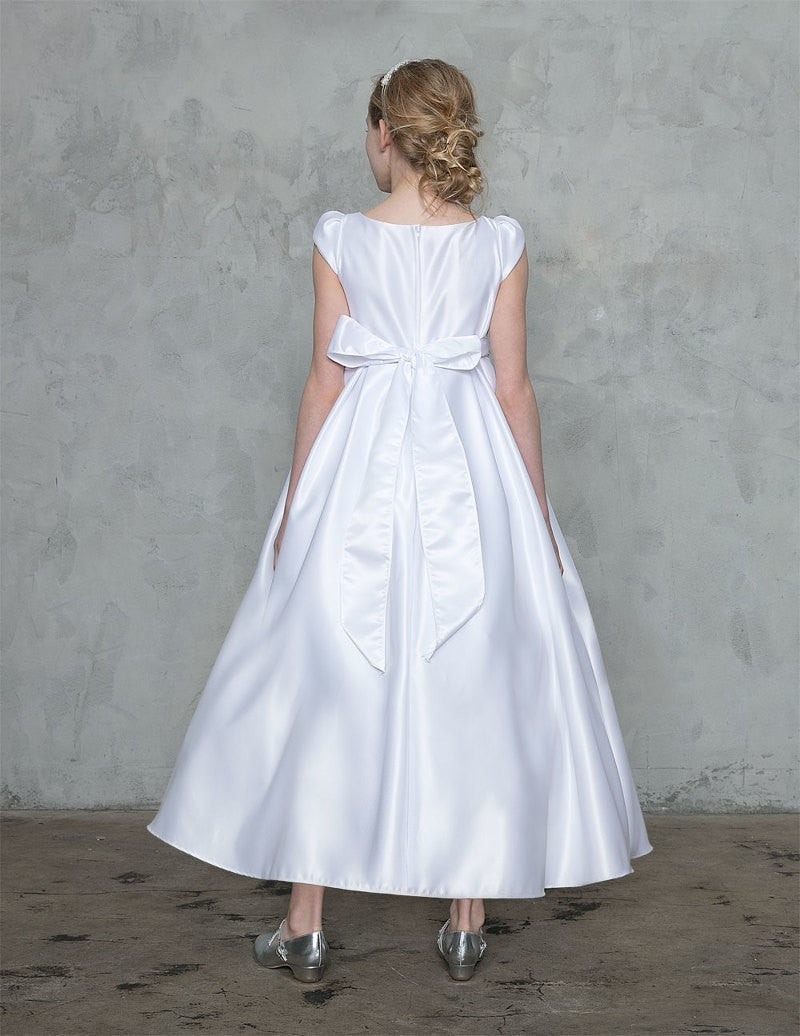 Wide sweeping floor-length A-line skirt crafted from heavy-weight premium satin on the Calla Collection D-787 dress.